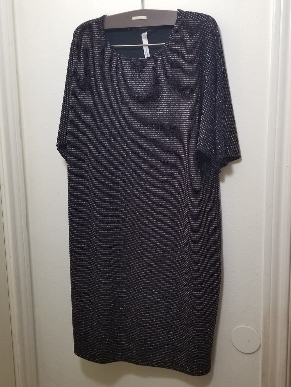 NY Collection Women's 1X Navy Sparkle Knit Midi Dress with Metallic Gold Stripes